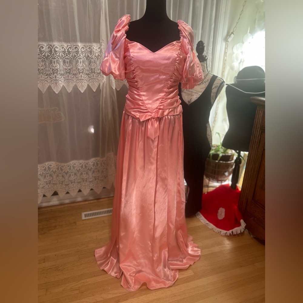 Vintage Pink Satin Puff Sleeve Gown  Union Label | Fairycore Cottagecore Maxi